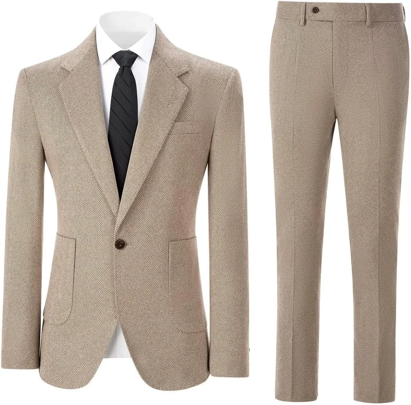 Men's Suits Slim Fit Herringbone Tweed Suits for Men 2 Piece Wedding Prom Suit Jacket Pants Wool Blend Tuxedo Set