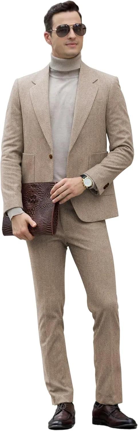 Men's Suits Slim Fit Herringbone Tweed Suits for Men 2 Piece Wedding Prom Suit Jacket Pants Wool Blend Tuxedo Set
