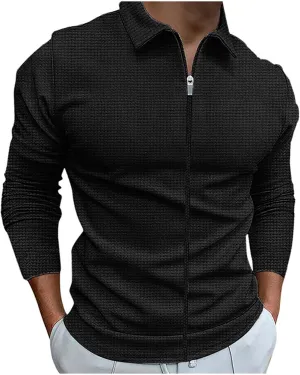 Mens Sweatshirt Waffle Full Zip Up Plaid Jacquard Jacket Lightweight Solid Laydown Collar Cardigan Sweaters Tops