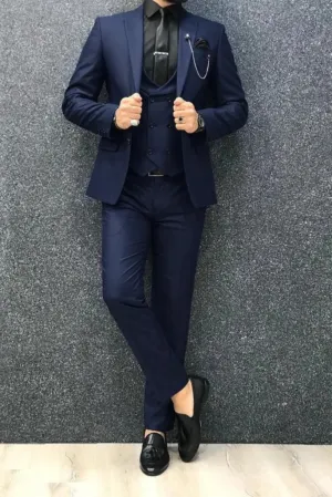 Men's three piece navy blue wedding suit