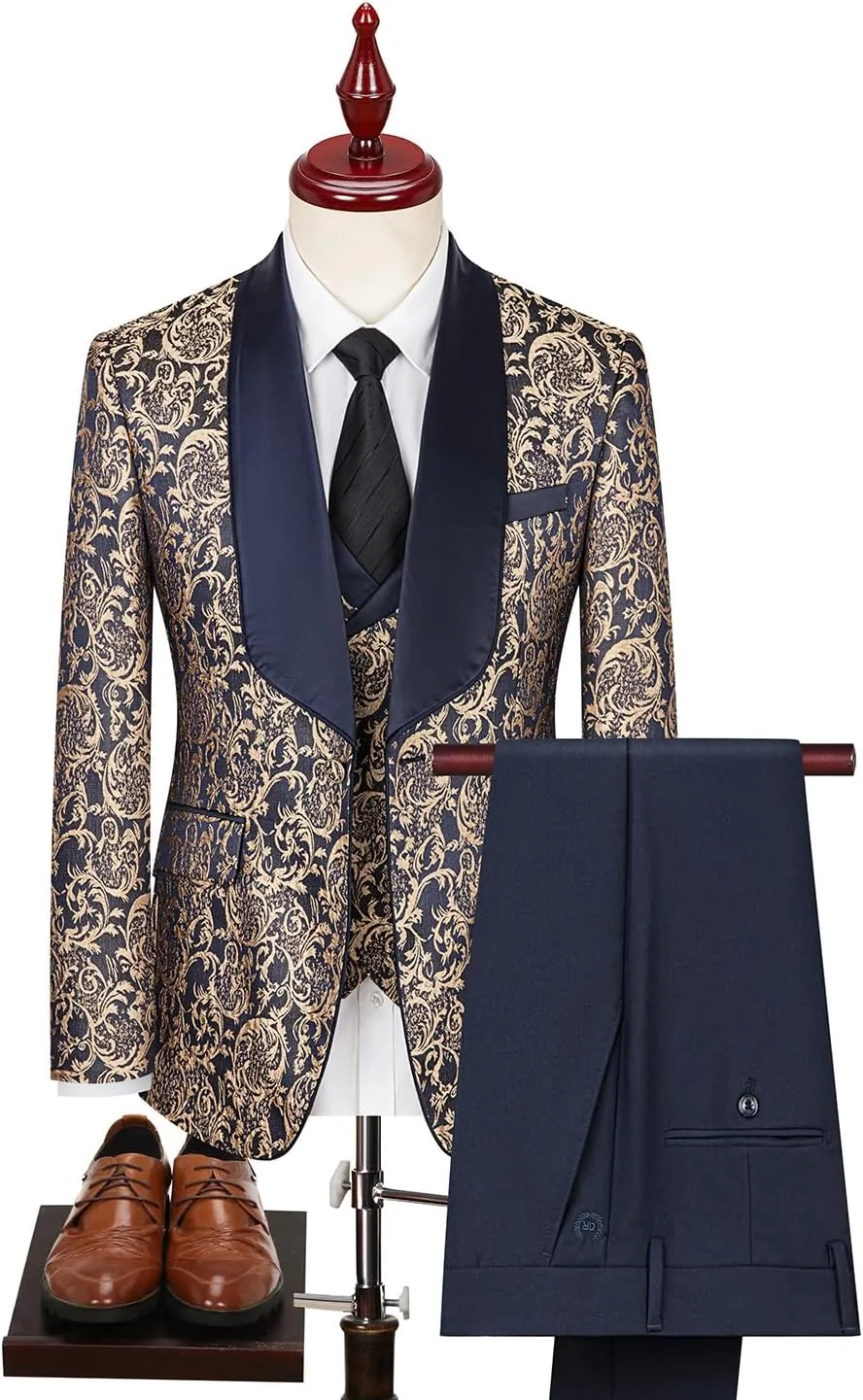 Men's Tuxedo Suits 3 Piece Wedding Prom Suits Embroidered Paisley Blazer Jacket Vest Pants Set for Party,Dinner