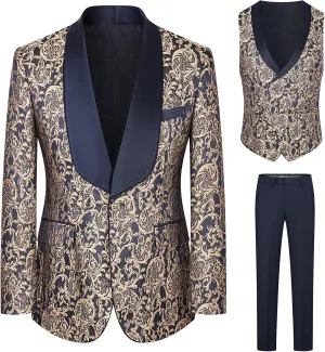 Men's Tuxedo Suits 3 Piece Wedding Prom Suits Embroidered Paisley Blazer Jacket Vest Pants Set for Party,Dinner