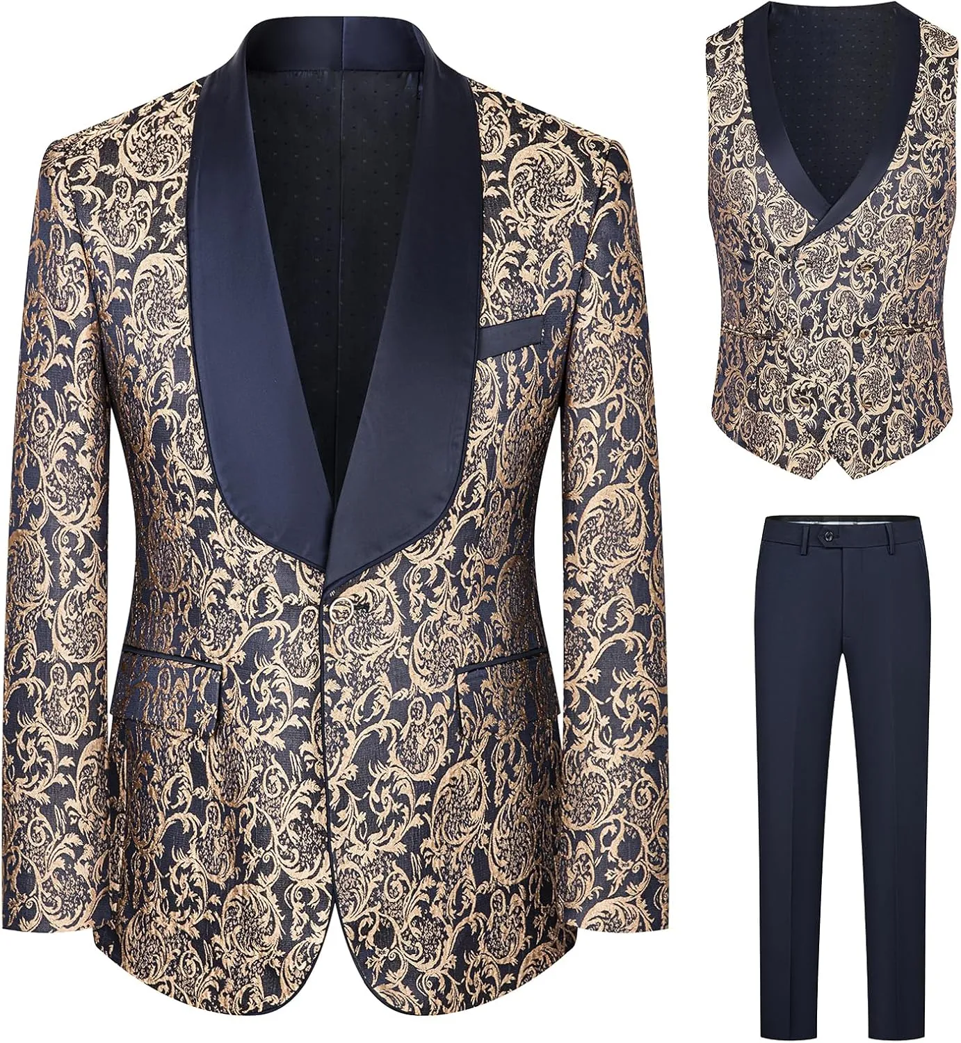 Men's Tuxedo Suits 3 Piece Wedding Prom Suits Embroidered Paisley Blazer Jacket Vest Pants Set for Party,Dinner