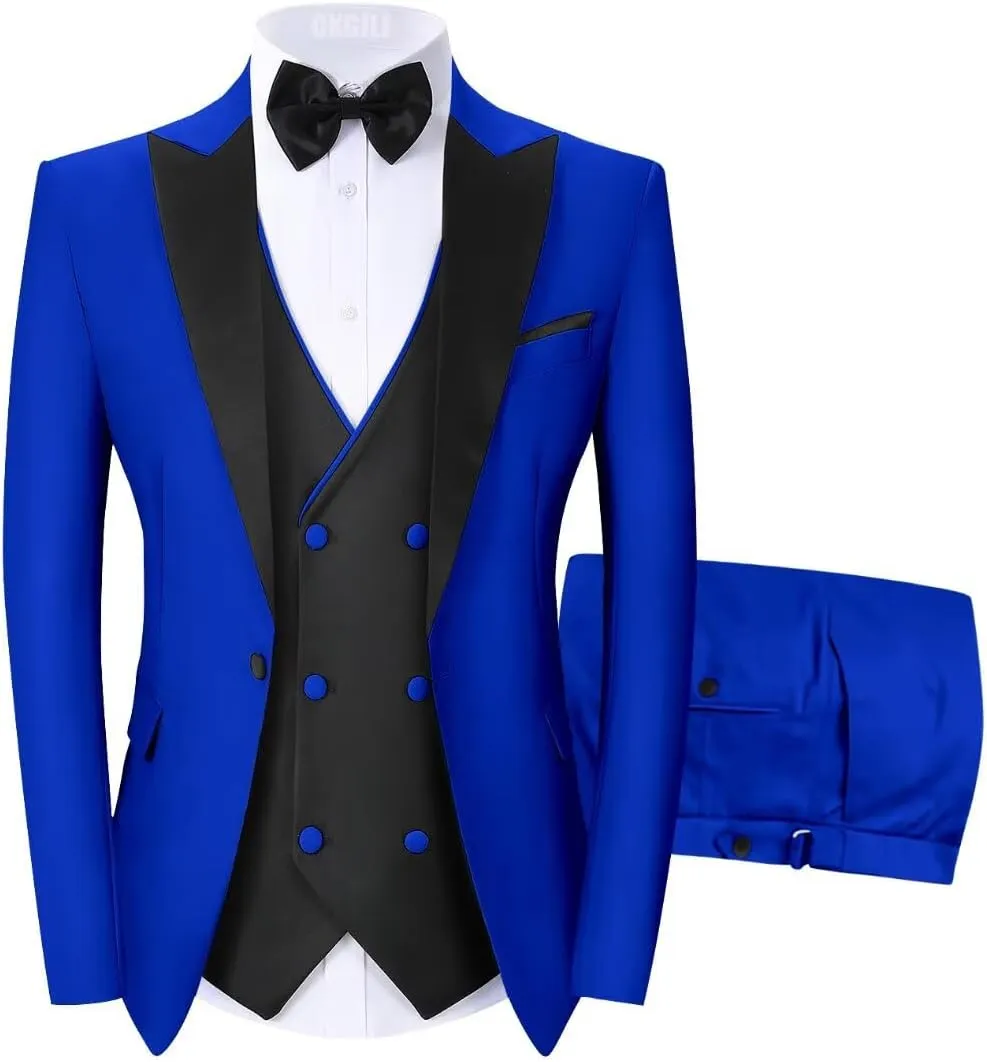 Men's Tuxedos 3 Pieces Double Breasted Suit Slim Fit Suits for Men Prom Wedding Groom Tux Suits Blazer Vest Pants