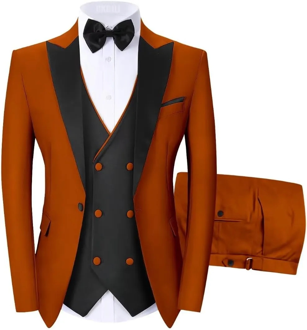 Men's Tuxedos 3 Pieces Double Breasted Suit Slim Fit Suits for Men Prom Wedding Groom Tux Suits Blazer Vest Pants
