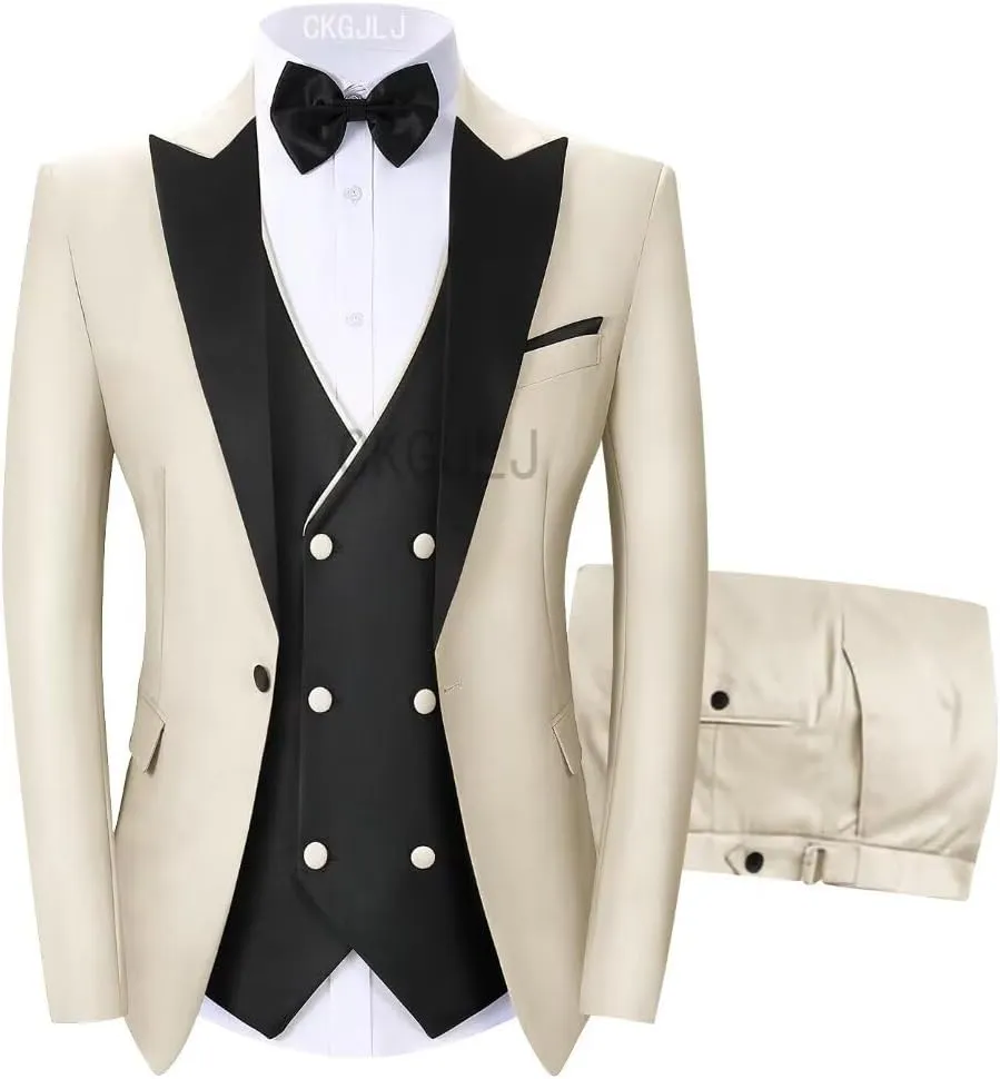 Men's Tuxedos 3 Pieces Double Breasted Suit Slim Fit Suits for Men Prom Wedding Groom Tux Suits Blazer Vest Pants