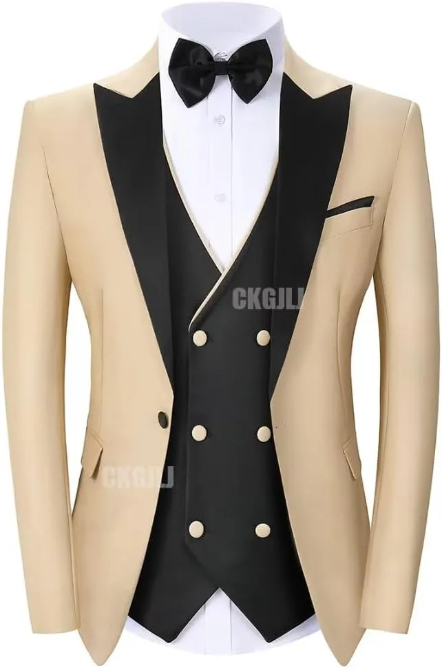 Men's Tuxedos 3 Pieces Double Breasted Suit Slim Fit Suits for Men Prom Wedding Groom Tux Suits Blazer Vest Pants