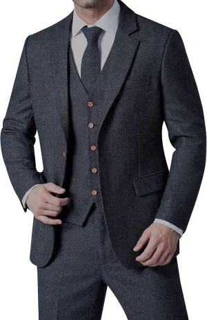 Mens Tweed 3 Piece Plaid Slim Fit Western Tuxedo Groomsmen Wedding Black Wool Suits for Men