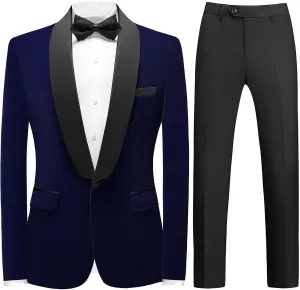 Mens Velvet Suits Slim Fit 2 Piece Tuxedo Suit for Men Solid One Button Shawl Lapel Blazer Jacket & Pants Set for Wedding