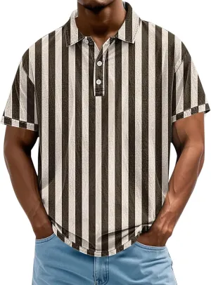 Mens Vertical Striped Polo Shirts Summer Color Block Tshirt Plus Size V Neck Tee Short Sleeve Vintage Collar Tops