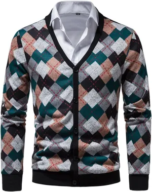 Men's Vintage Argyle Plaid Button Down Cardigan Sweater V-Neck Casual Slim Fit Long Sleeve Knitted Sweaters