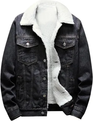 Mens Vintage Jean Jackets Sherpa Fleece Lined Denim Trucker Jackets Big and Tall Faux Fur Collar Windbreakers