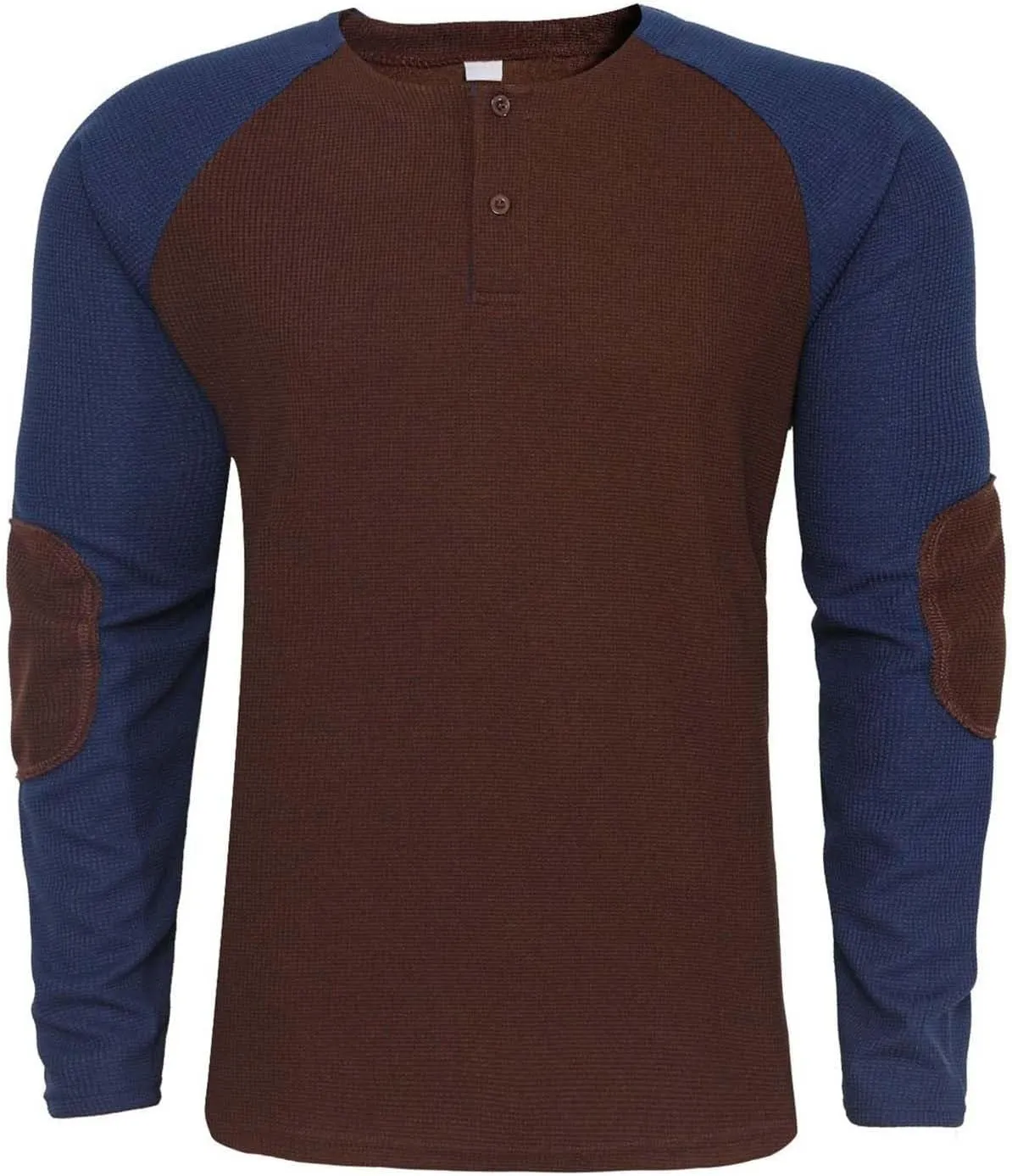 Mens Waffle Henley Shirt Color Block Long Sleeve Button Down Sweatshirts Fall Running Gym Tee Tops with Elbow Patches