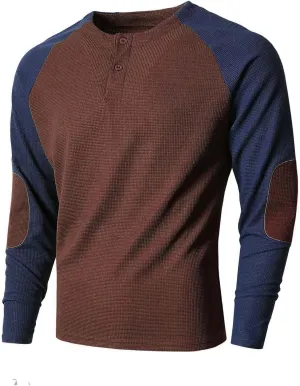 Mens Waffle Henley Shirt Color Block Long Sleeve Button Down Sweatshirts Fall Running Gym Tee Tops with Elbow Patches