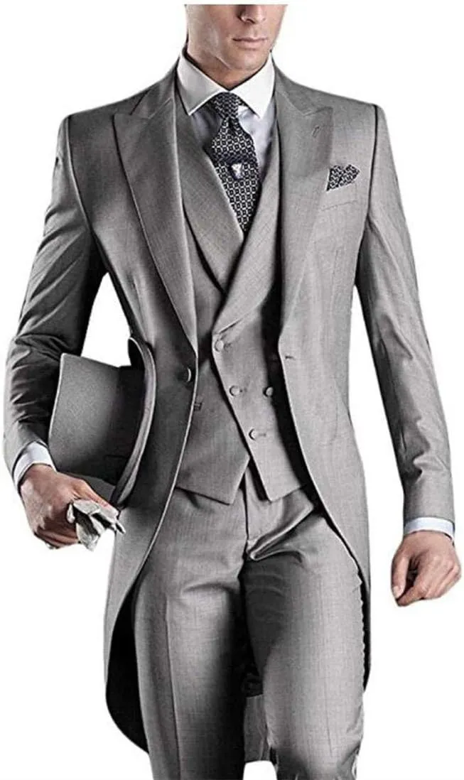 Men's White 3PC Long Tailcoat Suit Notch Lapel One Button Wedding Suits Groom Tuxedos