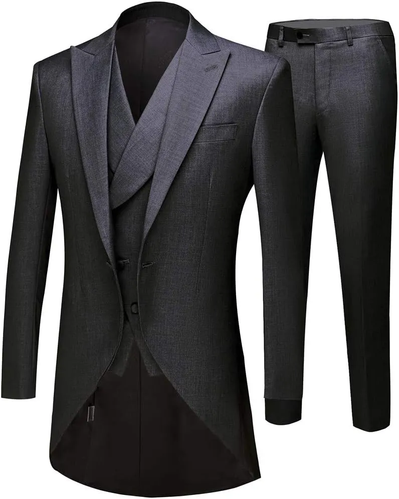 Men's White 3PC Long Tailcoat Suit Notch Lapel One Button Wedding Suits Groom Tuxedos