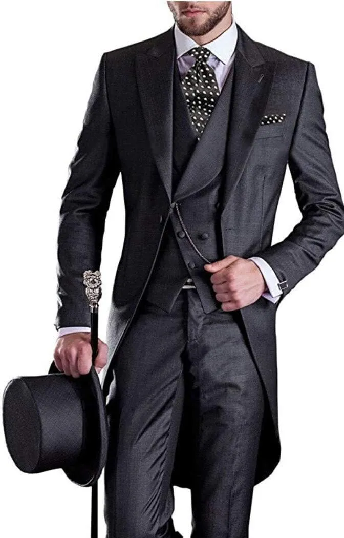 Men's White 3PC Long Tailcoat Suit Notch Lapel One Button Wedding Suits Groom Tuxedos