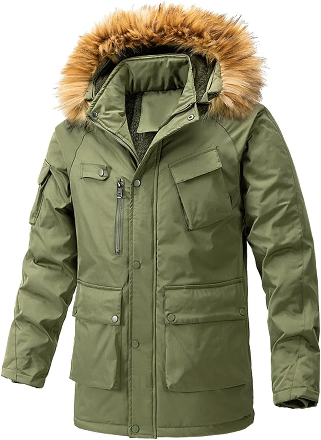 Men's Winter Jacket with Hood Sherpa Lined Full Zip Thermal Jackets Plus Size Padded Windproof Loose Outdoor Coat with Pocket