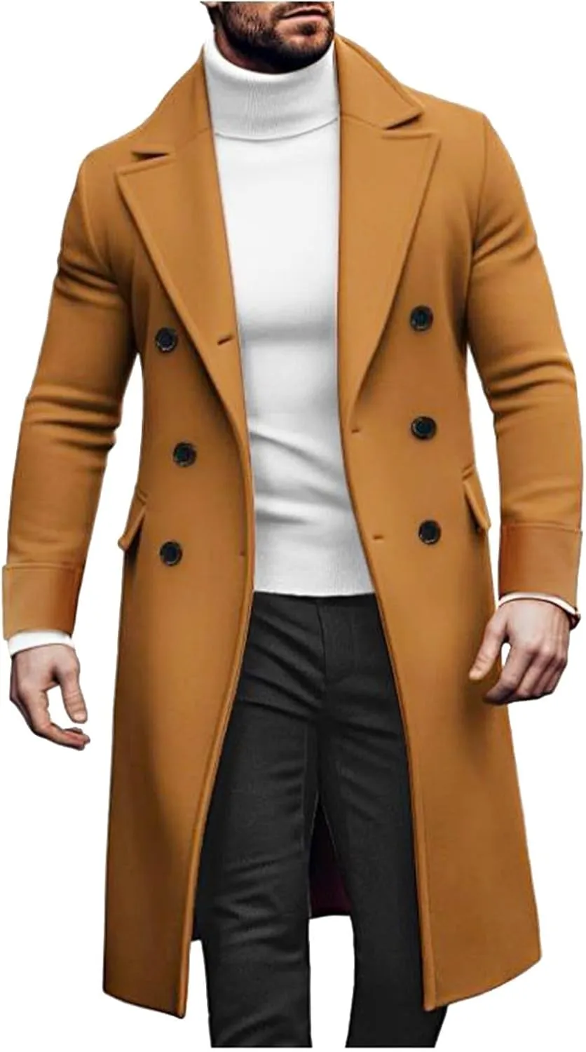 Mens Winter Trench Coats Notched Lapel Double Breasted Wool Blend Coat Warm Overcoat Fashion Peacoat with Pockets