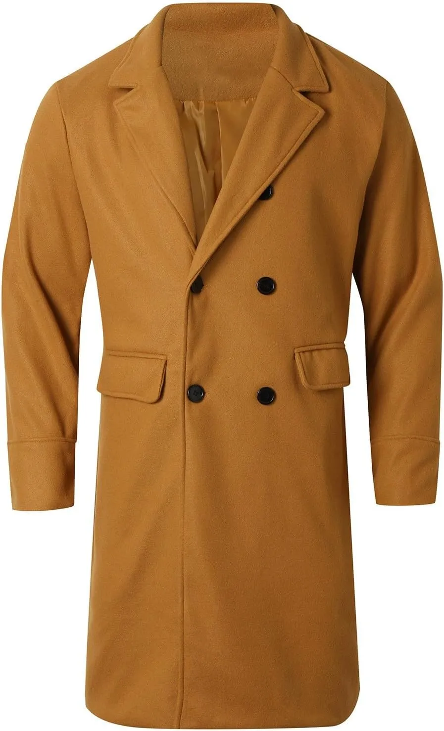 Mens Winter Trench Coats Notched Lapel Double Breasted Wool Blend Coat Warm Overcoat Fashion Peacoat with Pockets
