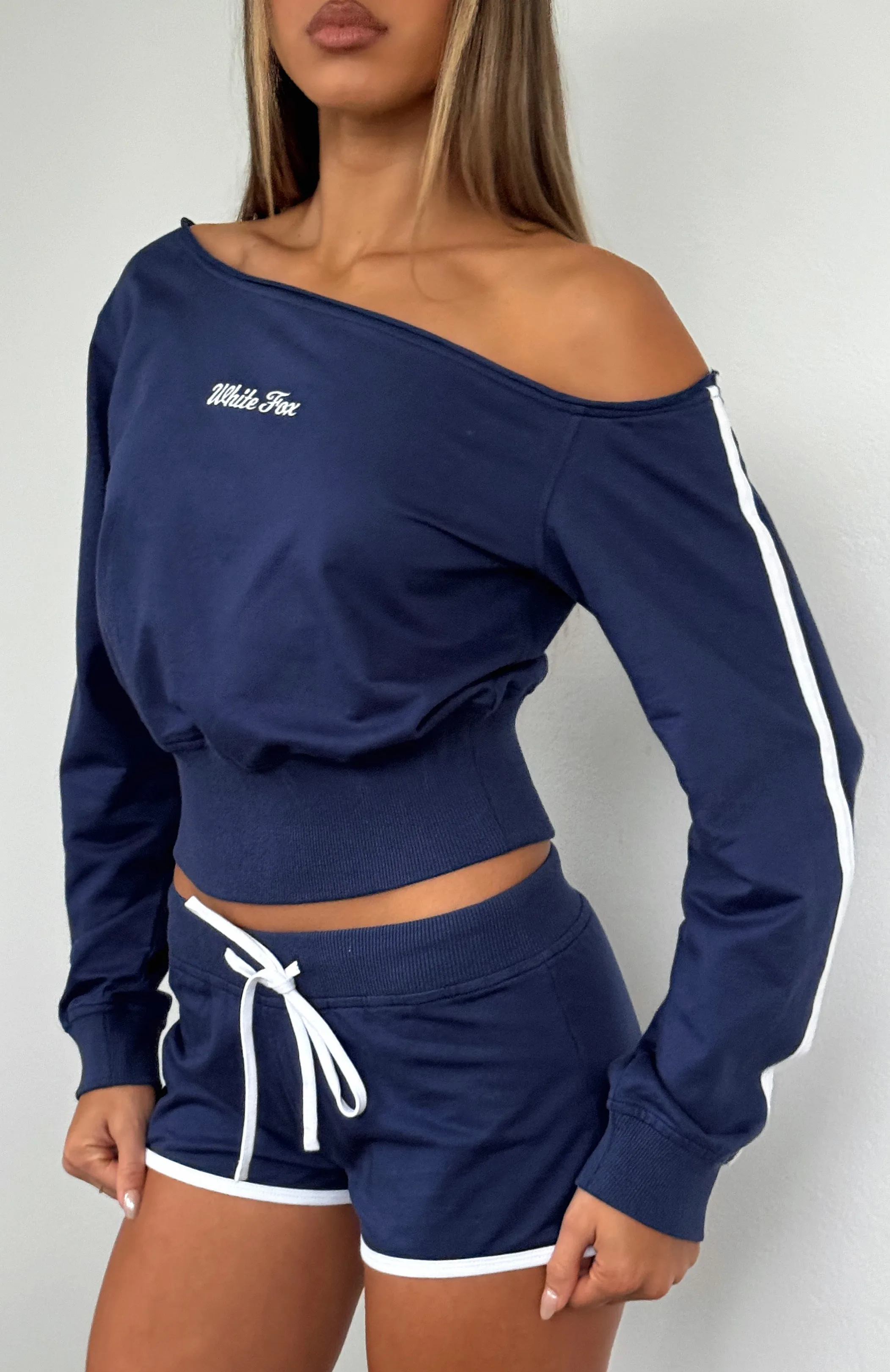 High Roller Off Shoulder Long Sleeve Sweater Navy quick dry Essential Comfort