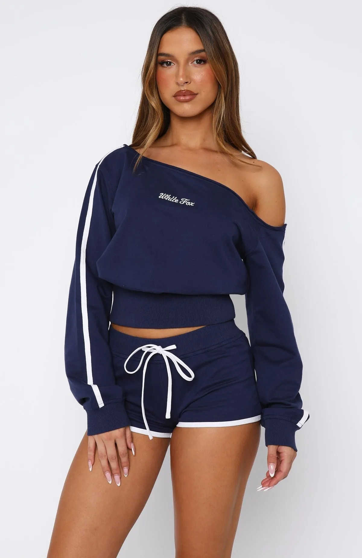 Weekend Vibes Airy Feel High Roller Off Shoulder Long Sleeve Sweater Navy