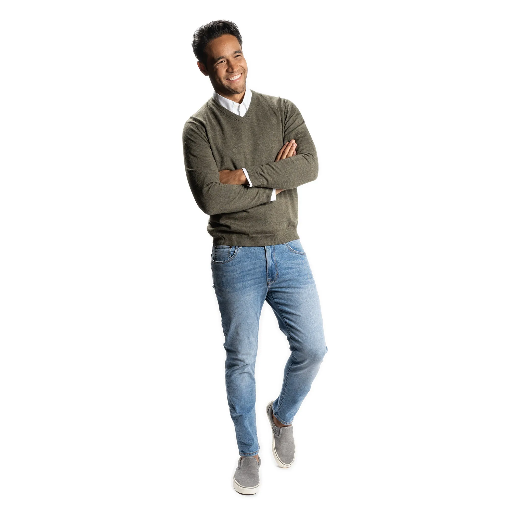 Merino Wool Sweaters V Neck - Olive