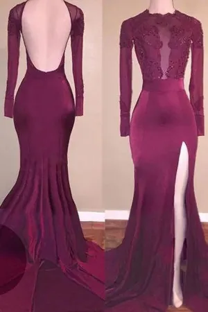 Mermaid Sleeves Applique Backless Prom Long Split Evening Dresses