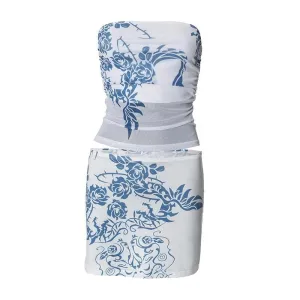 Mesh flower print tube mini skirt set