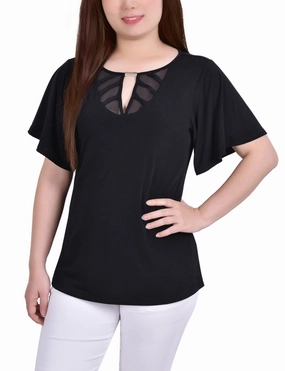 Mesh Flutter Sleeve Knit Top Sporty T-shirt Brushed Microfiber Surface