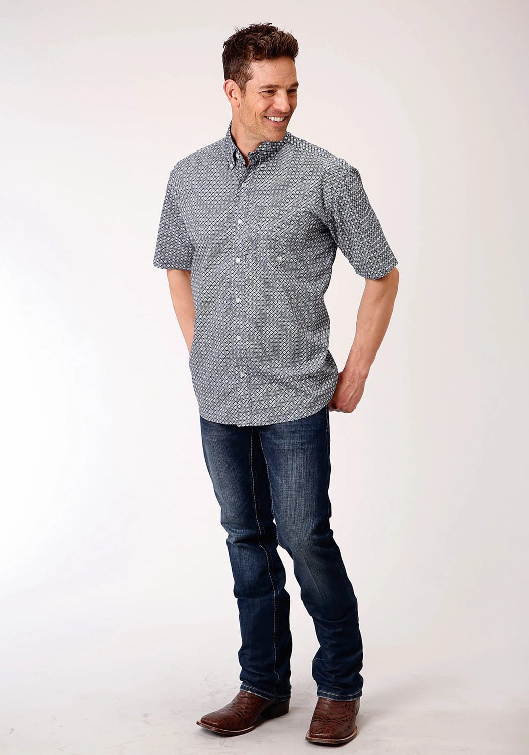 Roper Mens Navy 100% Cotton Bell Foulard BD S/S Shirt No Bulk Layering System Rooftop Bar