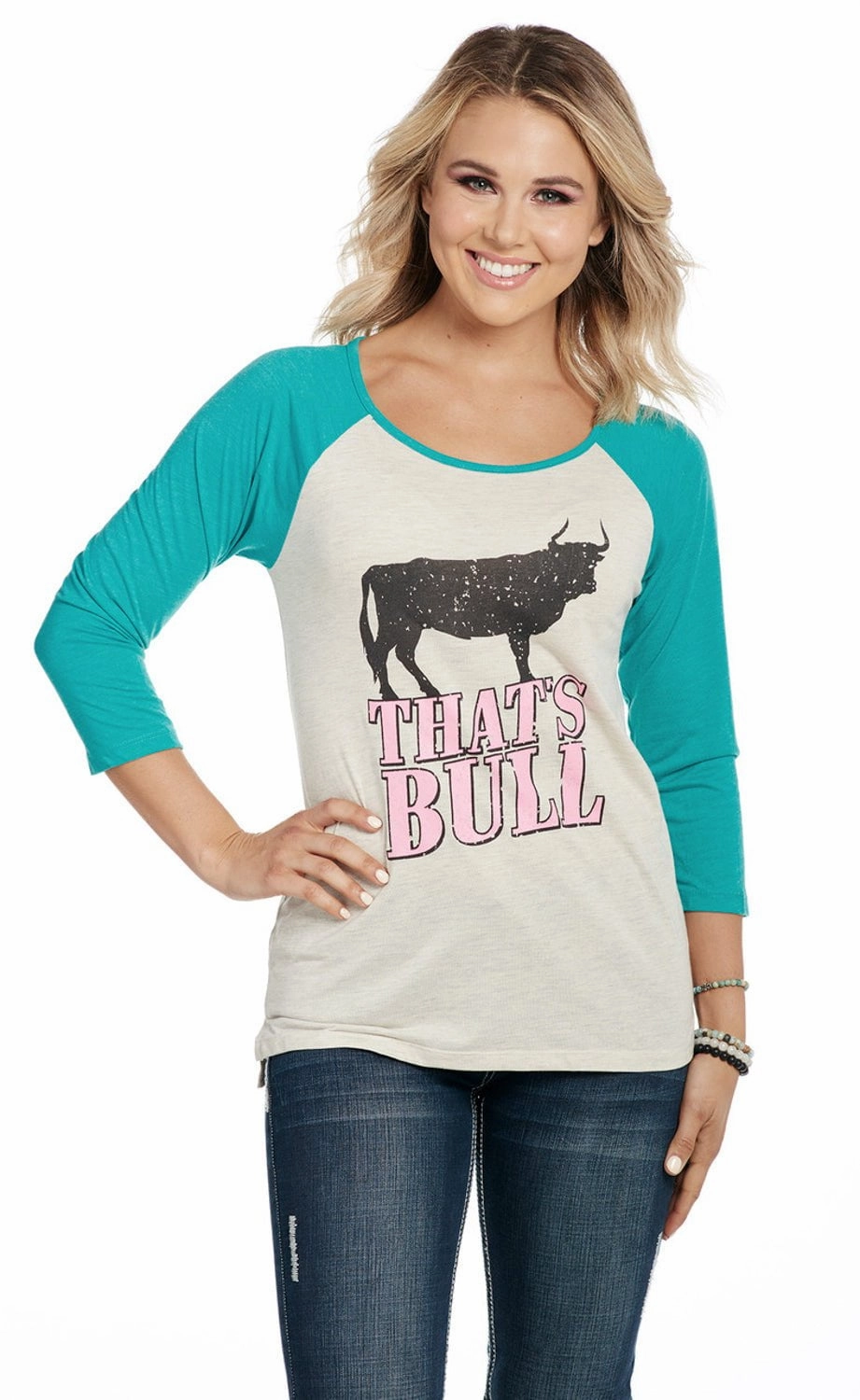 Essential Wardrobe Cowgirl Up Womens That Is Bull Oatmeal/Turquoise Cotton Blend S/S T-Shirt