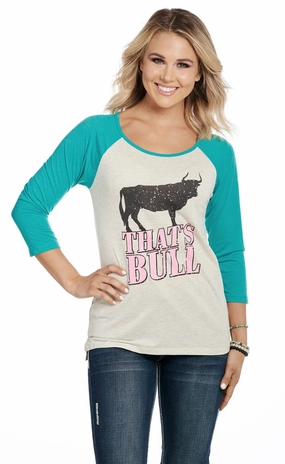 Essential Wardrobe Cowgirl Up Womens That Is Bull Oatmeal/Turquoise Cotton Blend S/S T-Shirt