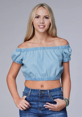 Roper Womens Off Shoulder Crop Top Light Blue 100% Cotton S/S Tunic Fashionable Pick Networking Session