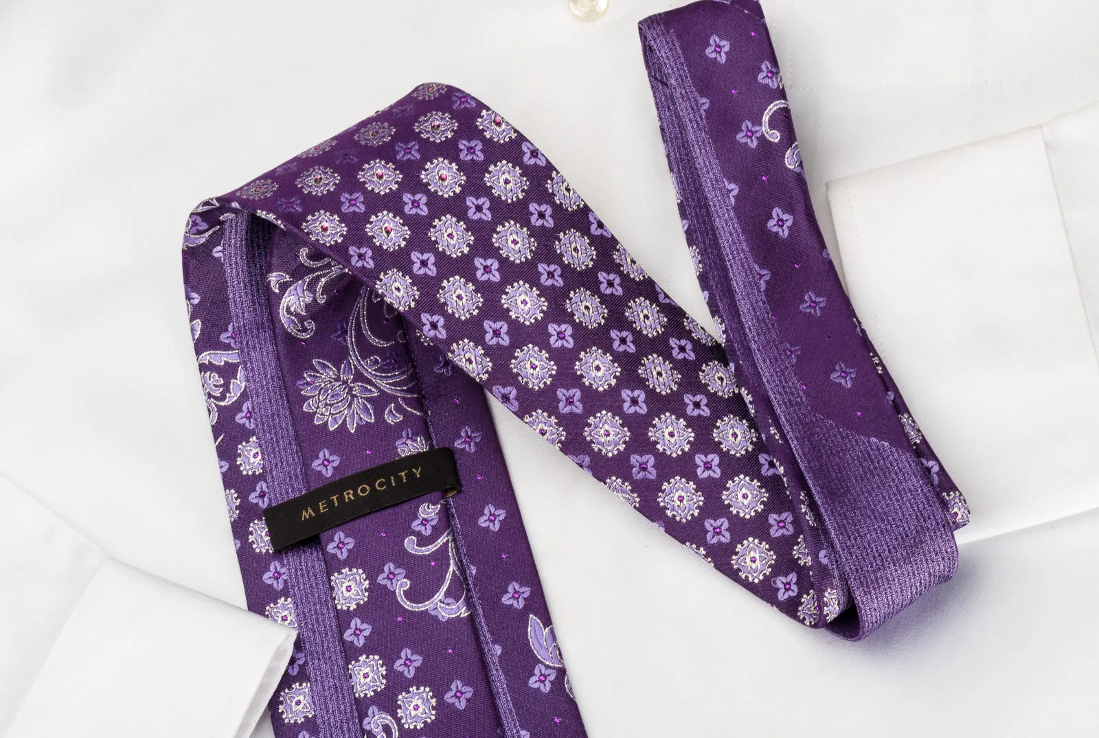Metro City Rhinestone Silk Tie Floral On Purple With Silver Sparkles