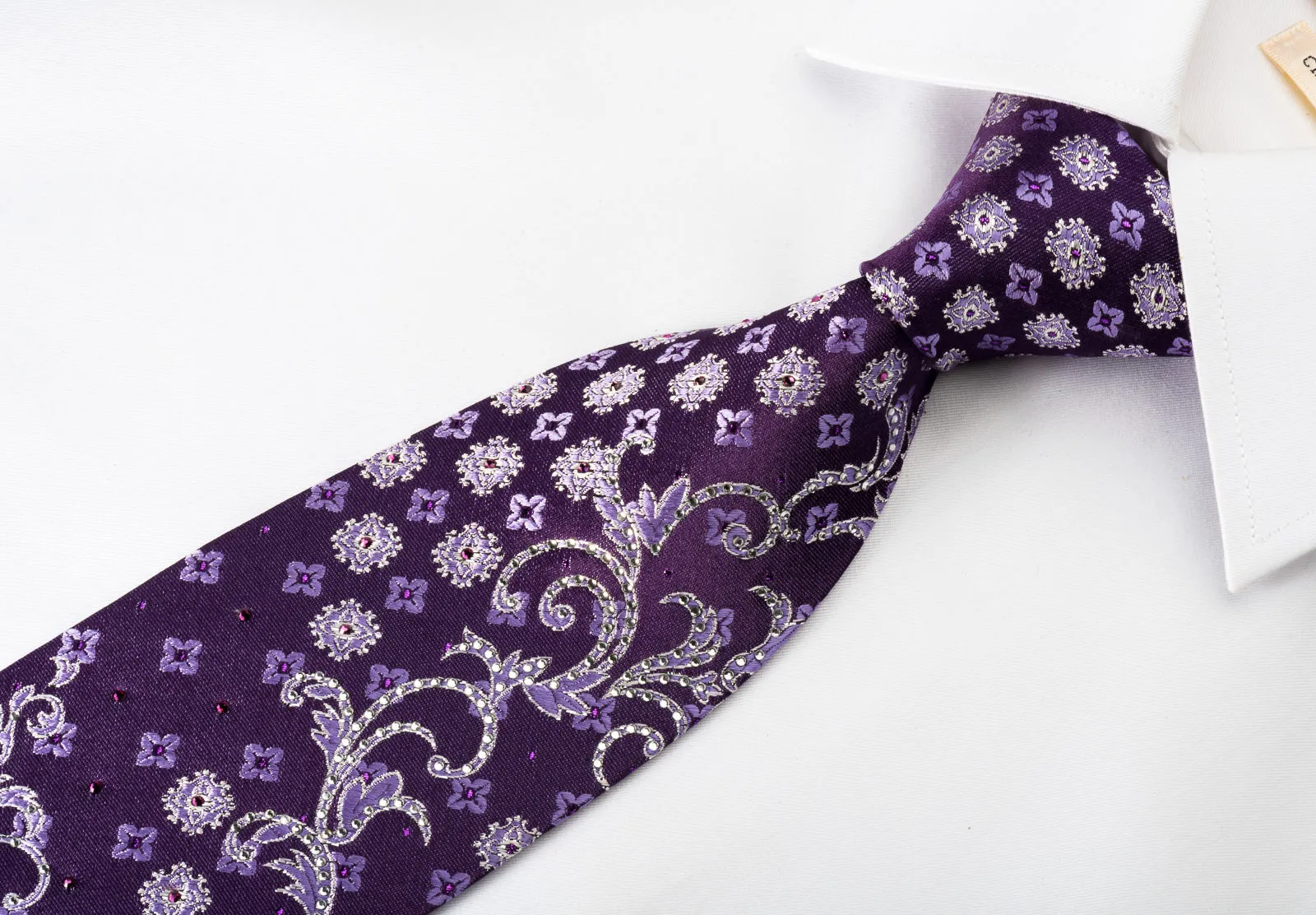 Metro City Rhinestone Silk Tie Floral On Purple With Silver Sparkles