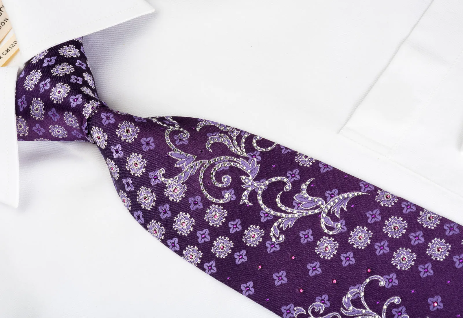 Metro City Rhinestone Silk Tie Floral On Purple With Silver Sparkles