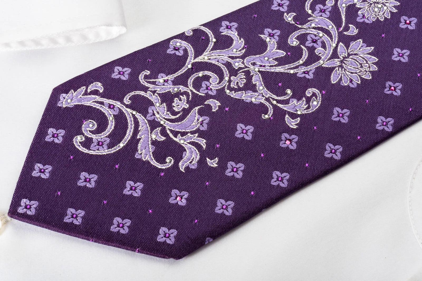 Metro City Rhinestone Silk Tie Floral On Purple With Silver Sparkles