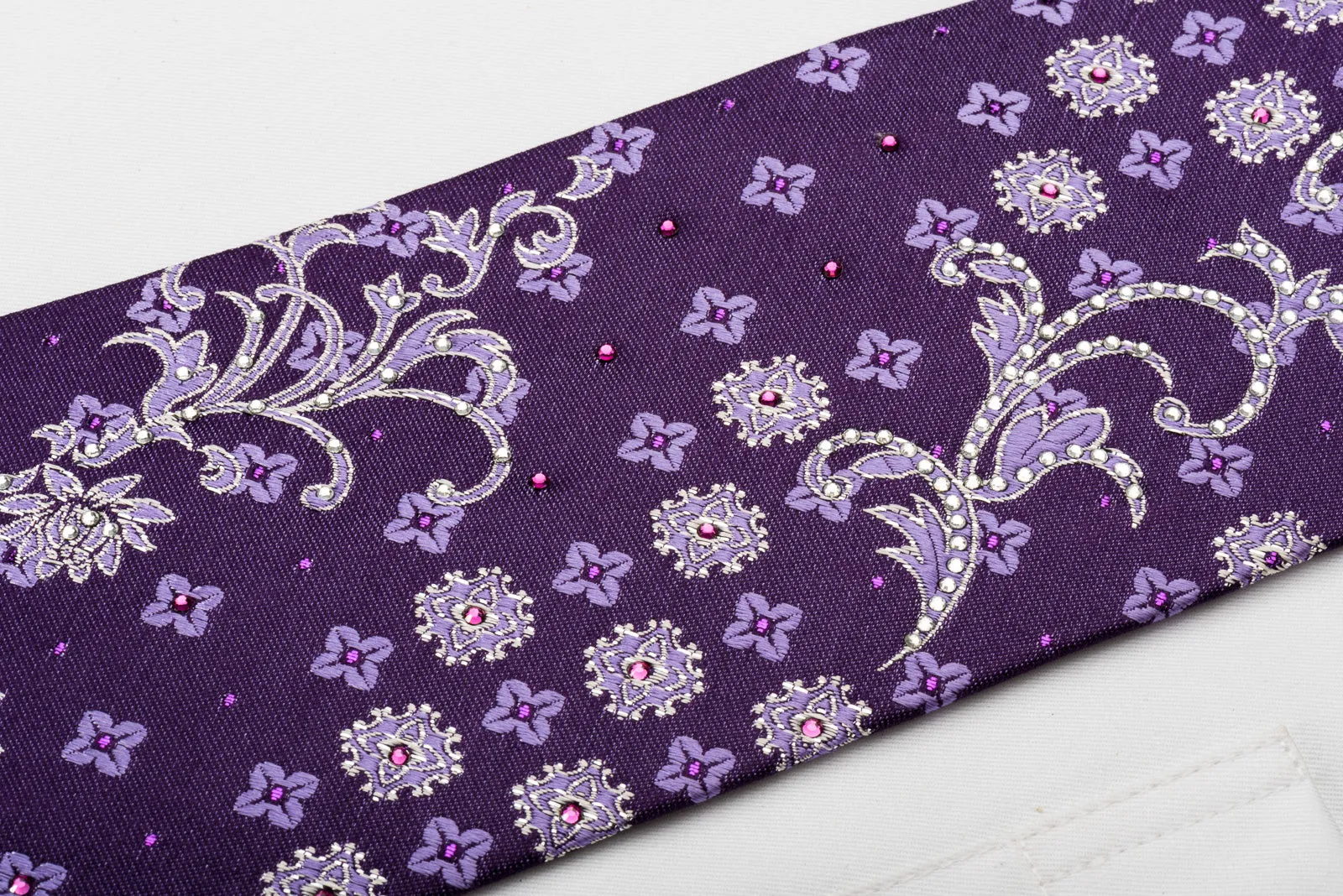 Metro City Rhinestone Silk Tie Floral On Purple With Silver Sparkles