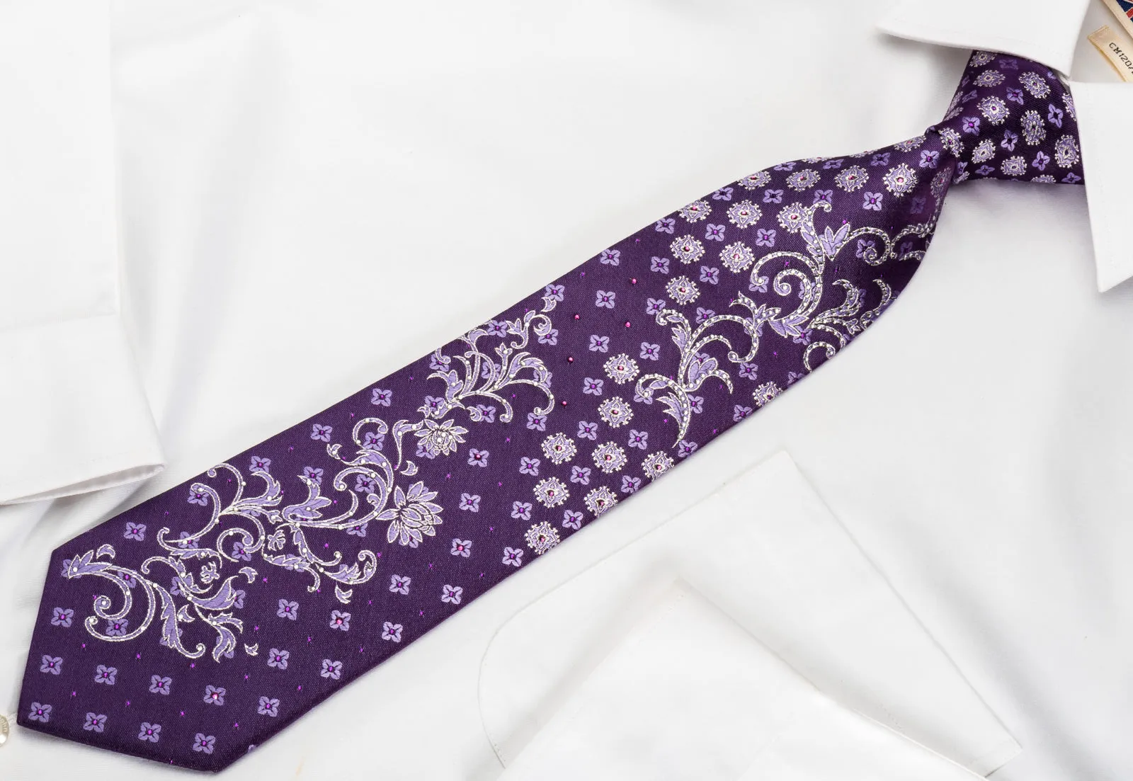 Metro City Rhinestone Silk Tie Floral On Purple With Silver Sparkles