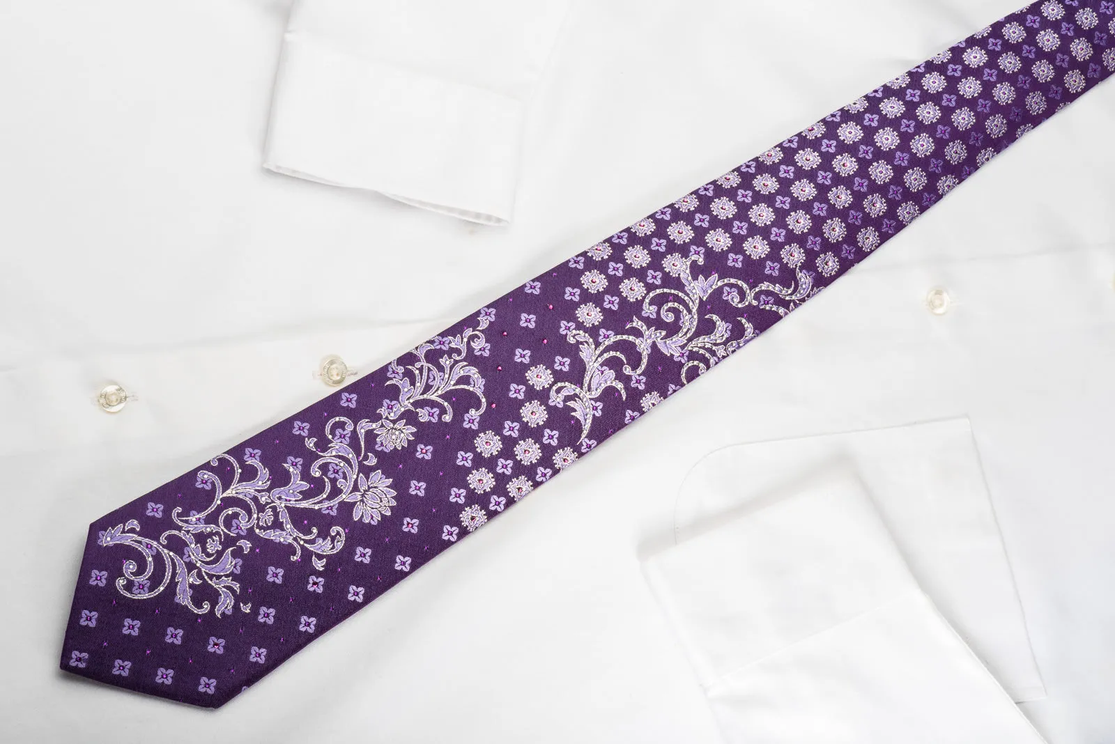 Metro City Rhinestone Silk Tie Floral On Purple With Silver Sparkles
