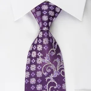 Metro City Rhinestone Silk Tie Floral On Purple With Silver Sparkles