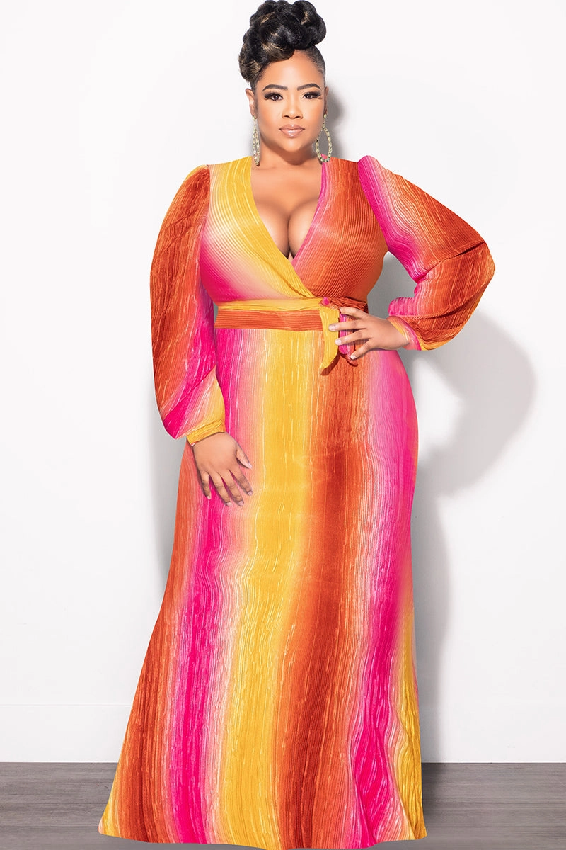 Final Sale Plus Size 2pc Long Sleeve Crop Tie Top and Skirt Set in Pleated Mustard & Fuchsia Mesh Comfort elastic waistband