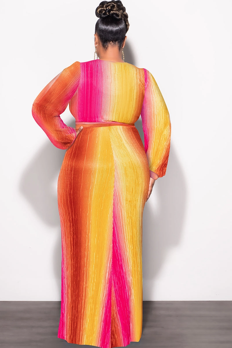 Urban Look Final Sale Plus Size 2pc Long Sleeve Crop Tie Top and Skirt Set in Pleated Mustard & Fuchsia