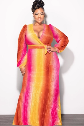 Final Sale Plus Size 2pc Long Sleeve Crop Tie Top and Skirt Set in Pleated Mustard & Fuchsia HeatRegulating
