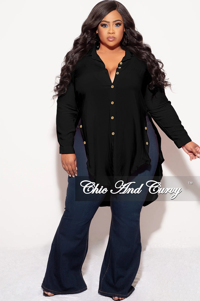 Final Sale Plus Size Final Sale Plus Size Collar Button Up High-Low Top in Black Comfy Active