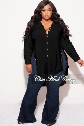 Final Sale Plus Size Final Sale Plus Size Collar Button Up High-Low Top in Black Comfy Active