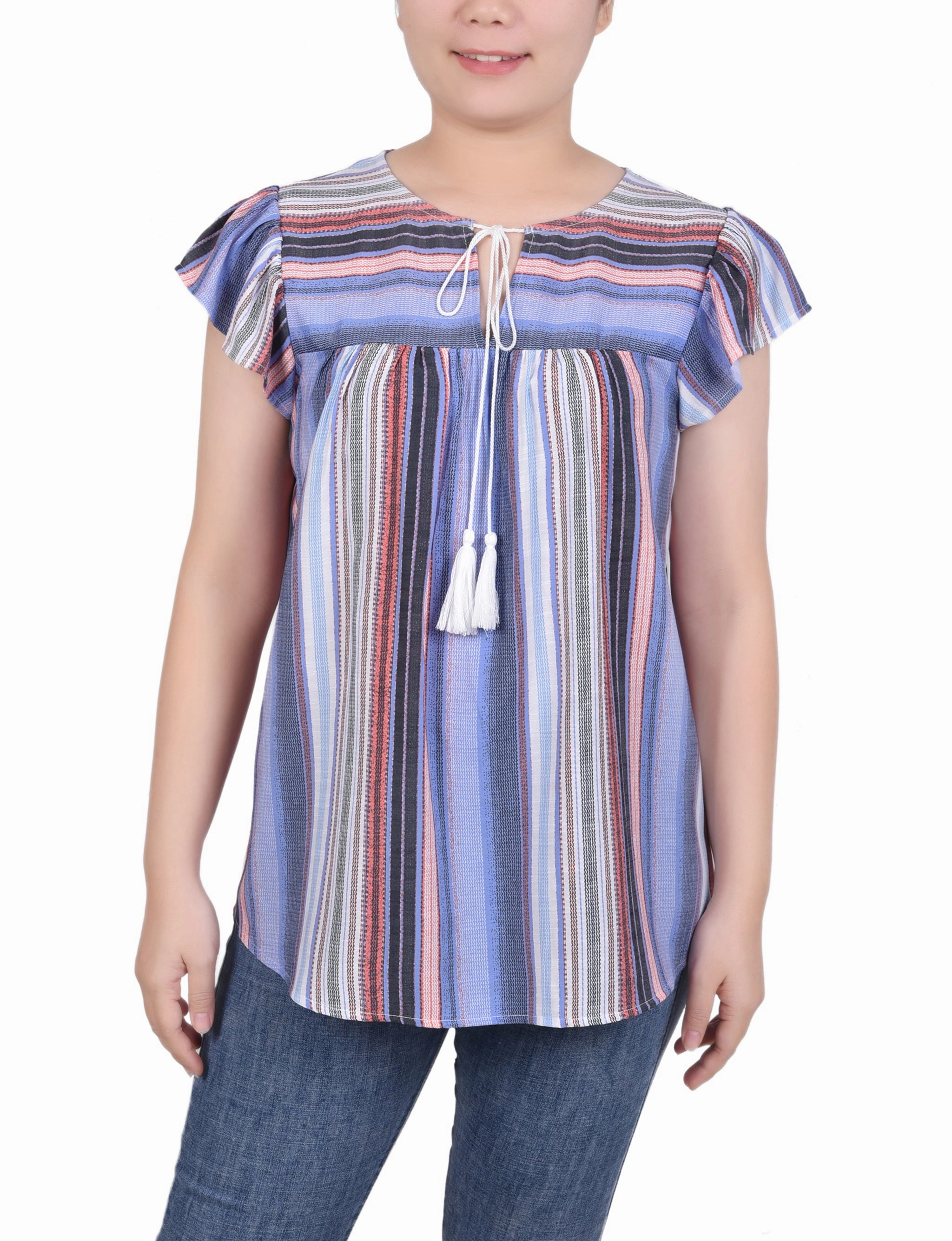 Petite Flutter Sleeve Vertical Striped Blouse Quick Dry Material Flowing Design