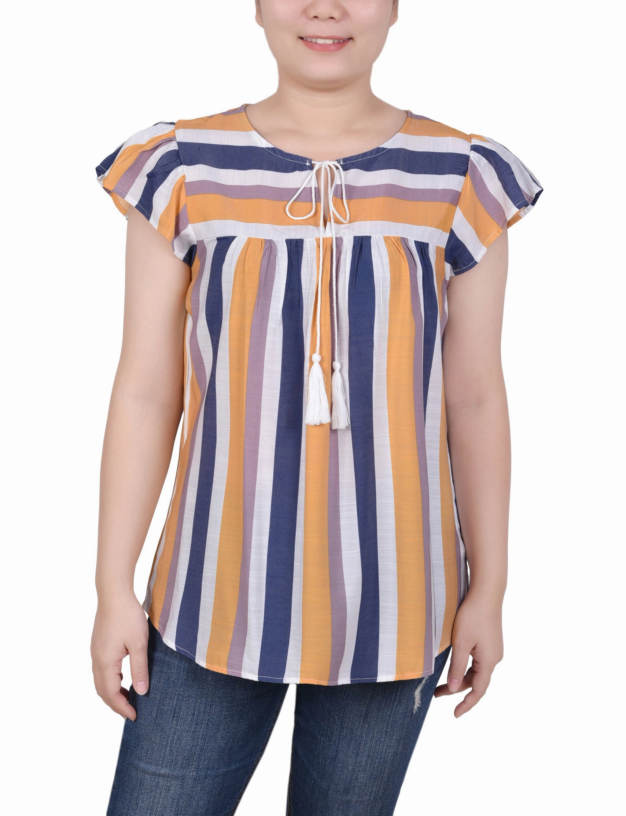Raw Edge Finish Quick Dry Technology Petite Flutter Sleeve Vertical Striped Blouse