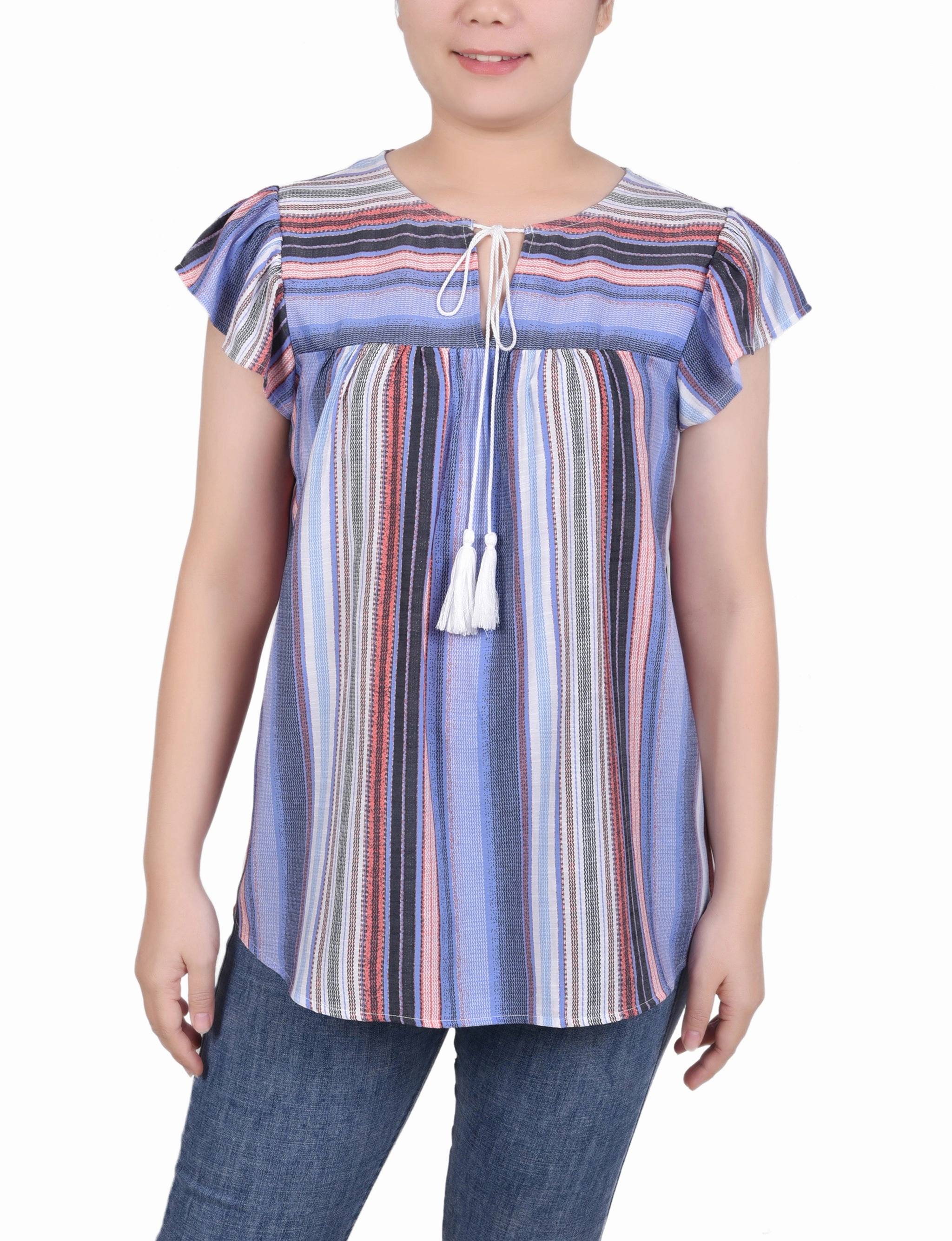Petite Flutter Sleeve Vertical Striped Blouse Eco Friendly Dye Process